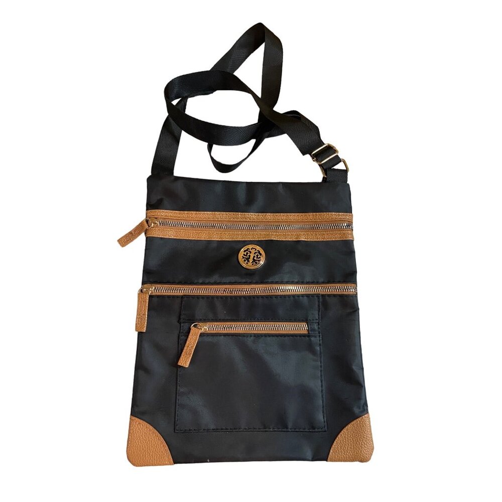Womens Black Nylon Crossbody Bag Gold Tone Emblem Adjustable Zipped Pockets Goth